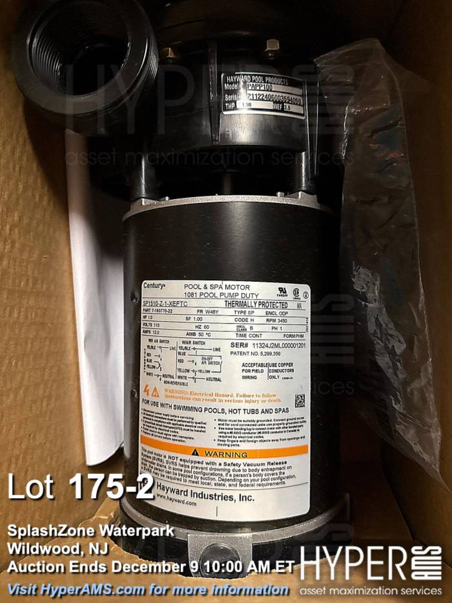 Hayward Pool Pump Motor PAPPP100, 1.0 HP, Serial 21122406003594059 - Image 2 of 3