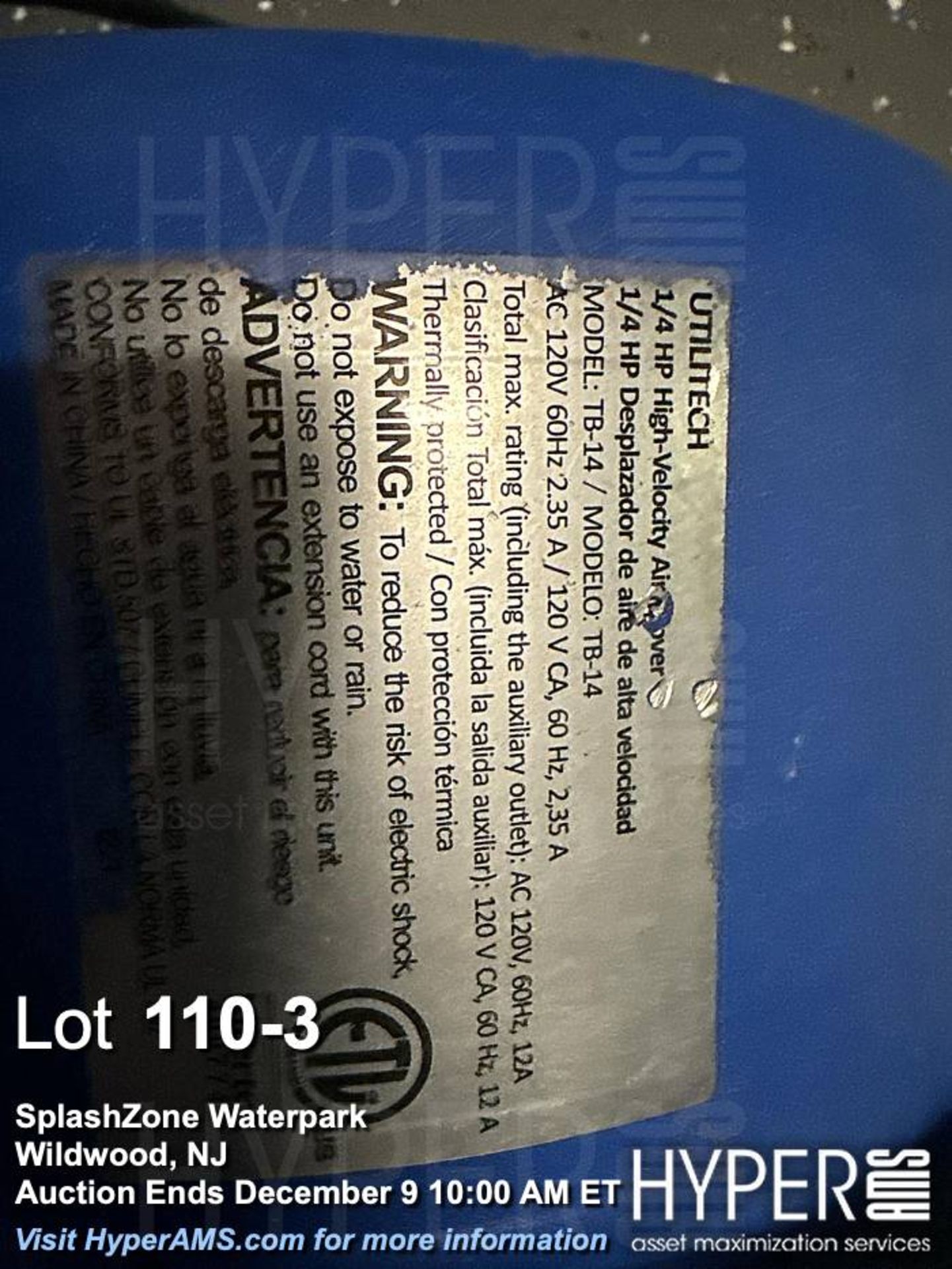 Lot of (3) Utilitech & B-Air VP-25 Air Mover Blower Fans, 1/4 HP, Blue - Image 3 of 3