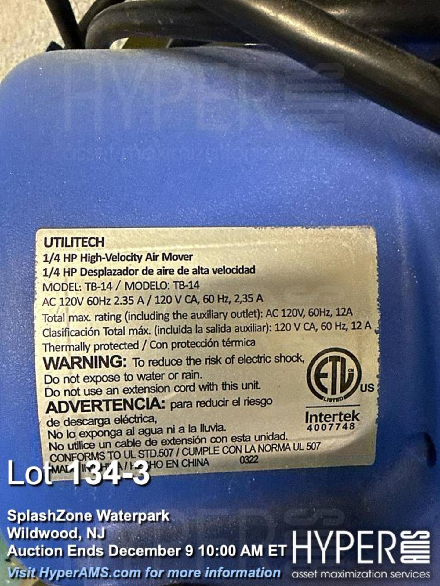 Lot of (5) Utilitech High-Velocity Air Mover 1/4 HP, 120V, Blue - Image 3 of 3