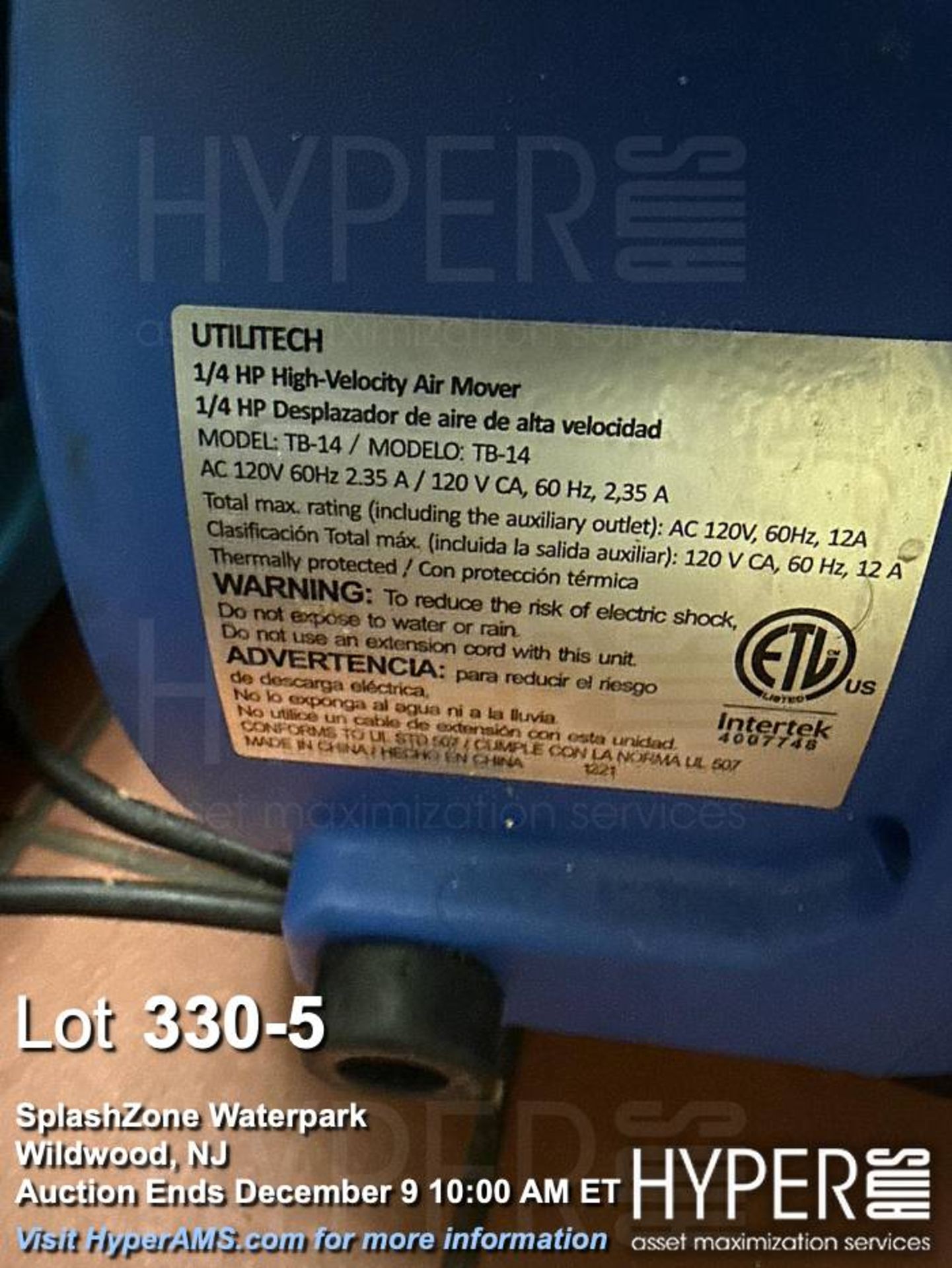 Lot (4) Utilitech, Lasko & XPOWER High-Velocity Air Movers, 1/4 HP, 120V - Image 5 of 5
