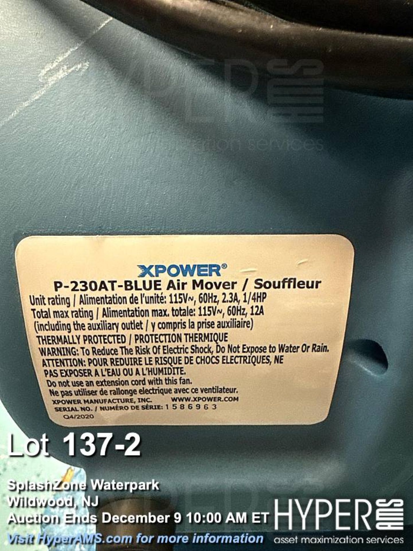 Lot of (4) XPOWER P-230AT-BLUE Air Mover, 1/4 HP, 115V, 2.3A, - Image 2 of 2