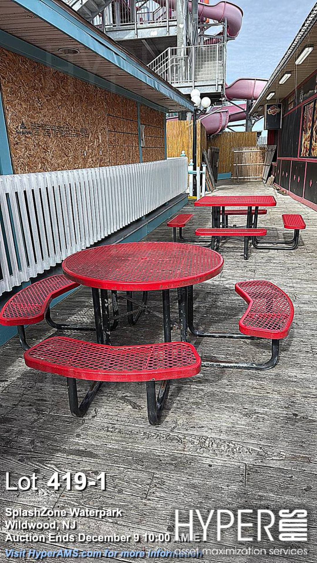 (10) Red Metal and Wooden Outdoor Picnic Tables