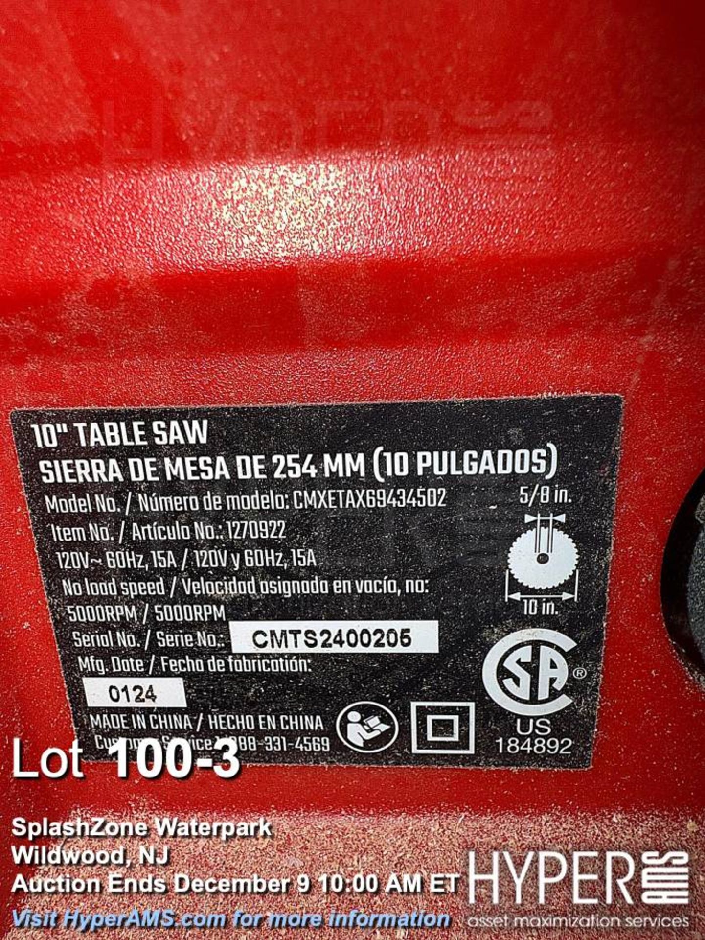 Craftsman 10" Table Saw CMXETAX69434502, 5000 RPM, 120V, Serial CMTS2400206 - Image 3 of 3