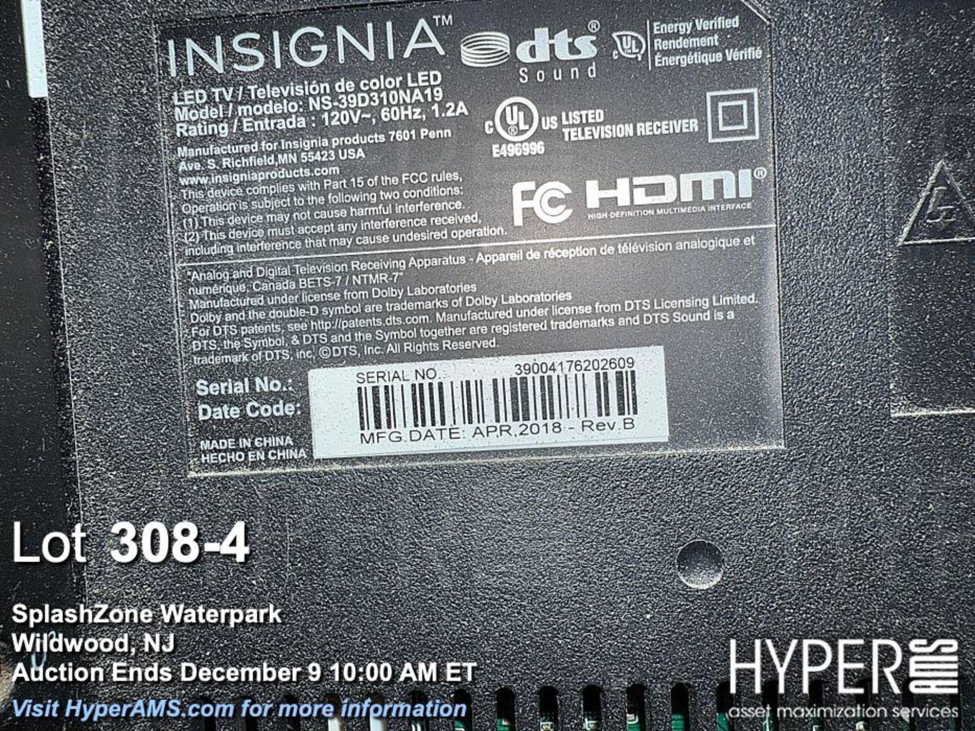Insignia NS-39D310NA19 LED TV, 39", 720p, April 2018, Serial: 390047626209 - Image 4 of 4