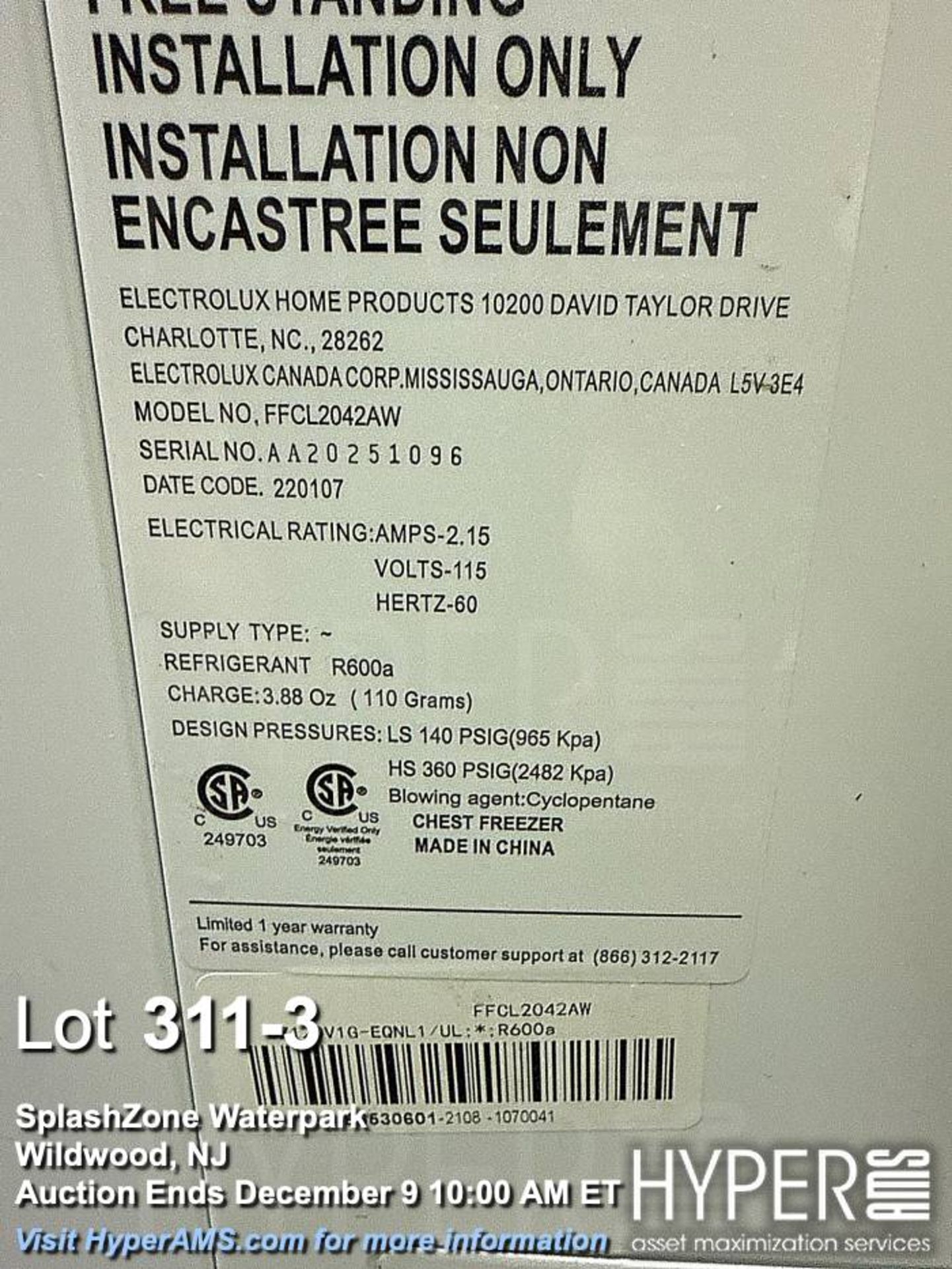 Electrolux FFCL2042AW Chest Freezer, 20.0 cu ft, R600a Refrigerant - Image 3 of 3