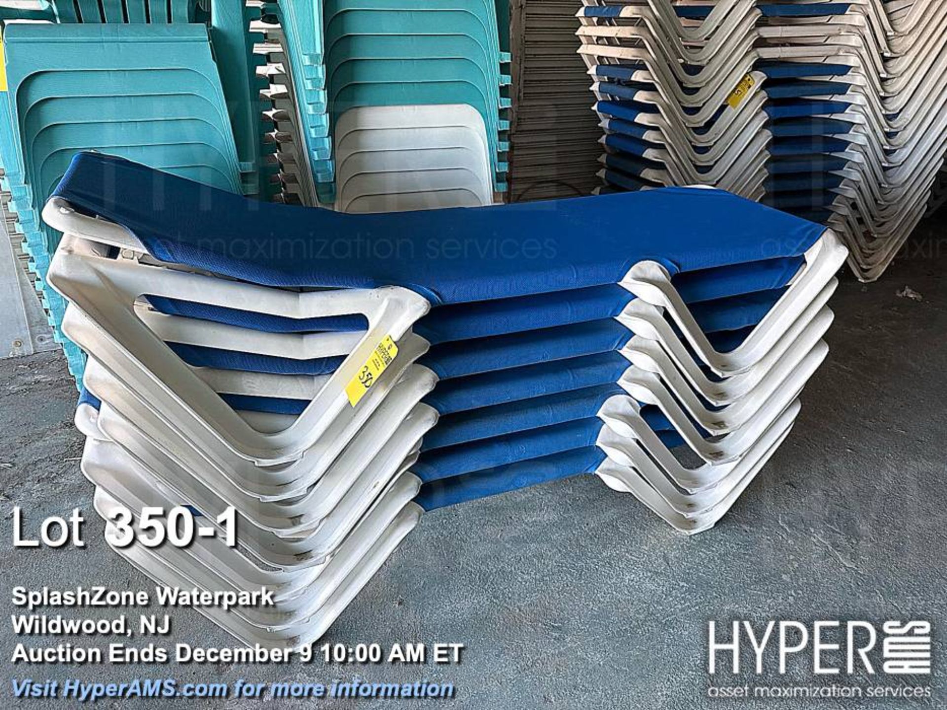 Lot (6) Stackable White and Blue Chaise Lounge Chairs, Plastic Frame, Fabric Seat