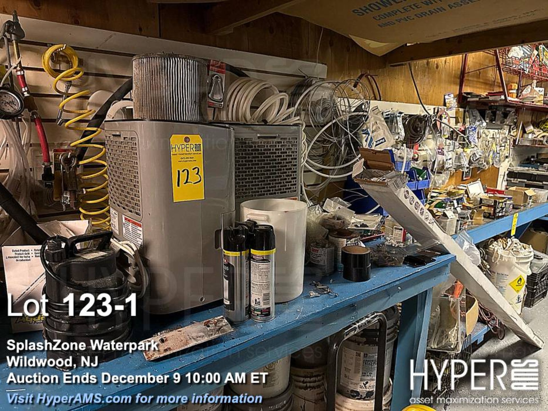 Lot: Maintenance shop items, sump pump, parts cleaner, tools, parts, grommets, all items as pictured