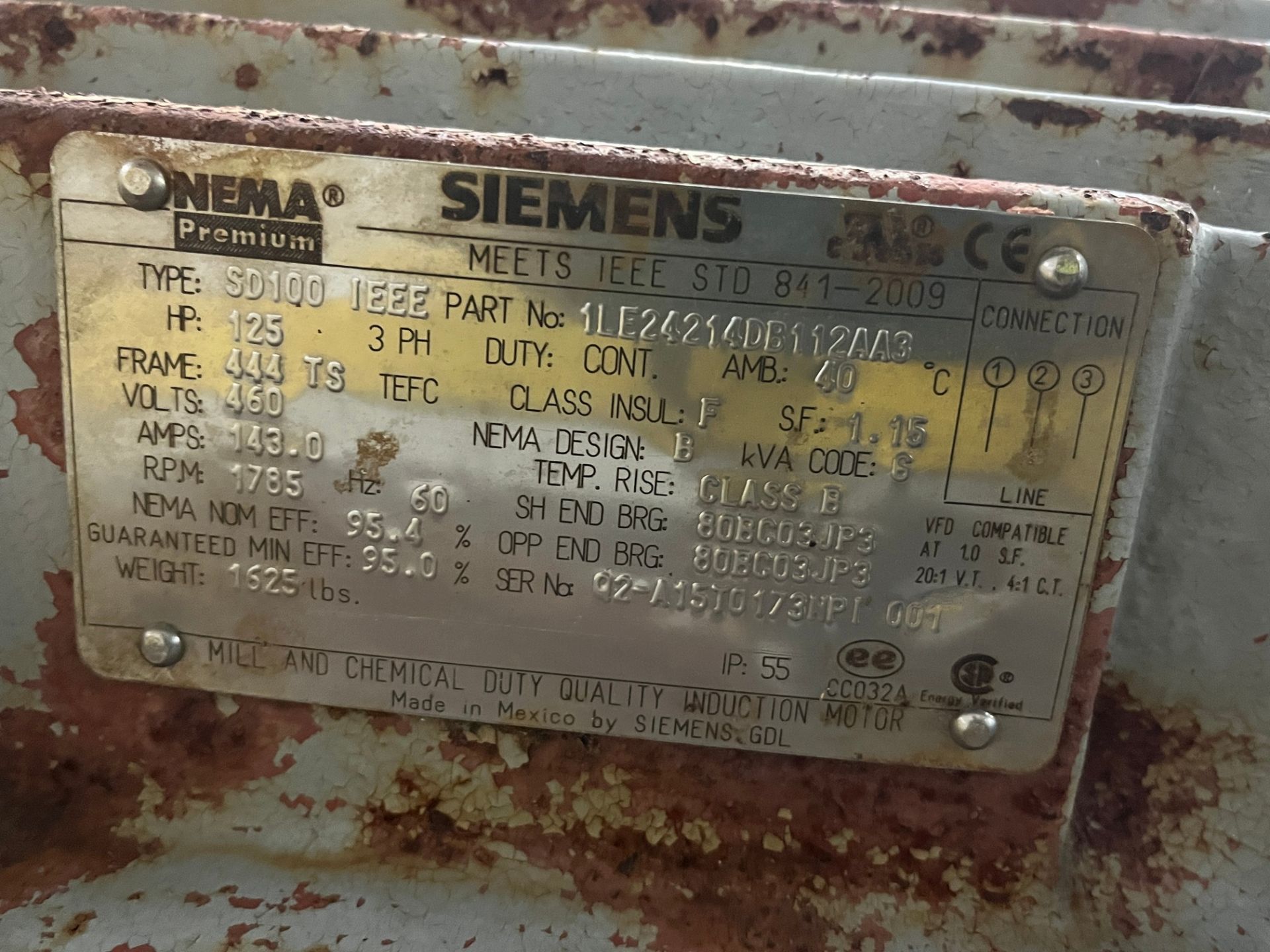 SIEMENS 125HP MOTOR, 460V, 1,785 RPM, 444TS FRAME - Image 2 of 2