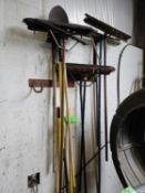 LOT OF ASSORTED BROOMS, SHOVELS