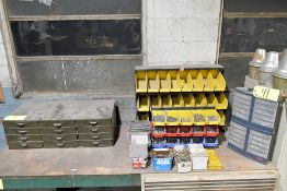 Lot - (1) 12-Drawer Steel Organizer Cabinet, (2) Plastic Bin Organizer Racks and (1) Rubbermaid 20-