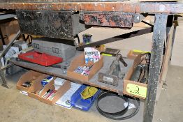 Lot - Toolboxes, Grease Guns, Bins, Tube Bender, Batteries, Fuses, Markers, Extension Cords and Hose