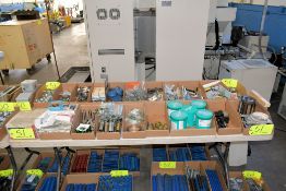 Lot - Various Hardware and Parts in (19) Boxes on (1) Table, Including: Brackets, Screws, Hose