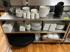 Misc. plates, platters, cups, bowls, serving trays - shelving not included