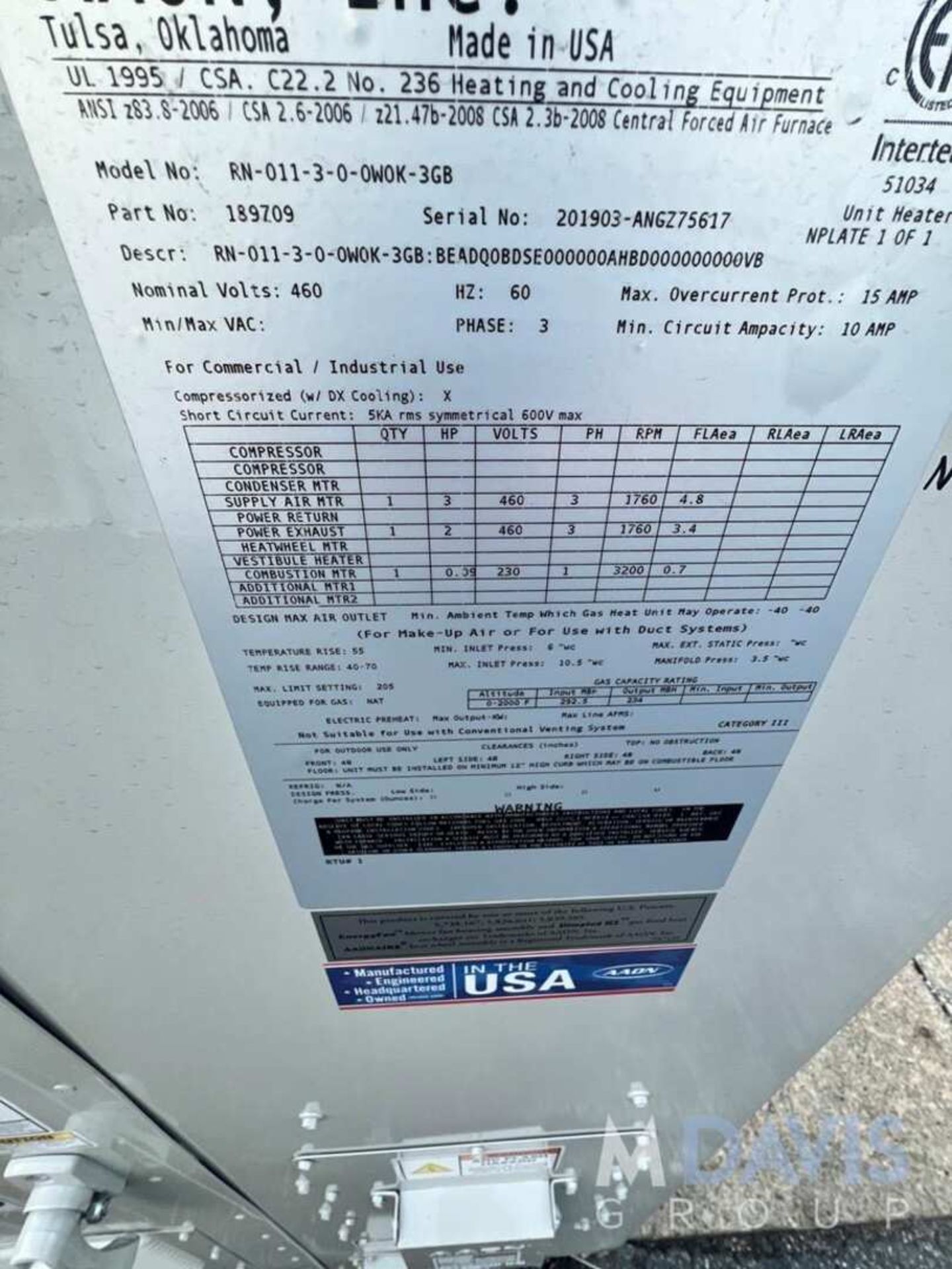 NEW AAON 11- TON HVAC AIR COOLING UNIT , MODEL RN-011-3-0-OWOK-3GB, S/N 201903-ANGZ75617, 3 PHASE - Image 2 of 11