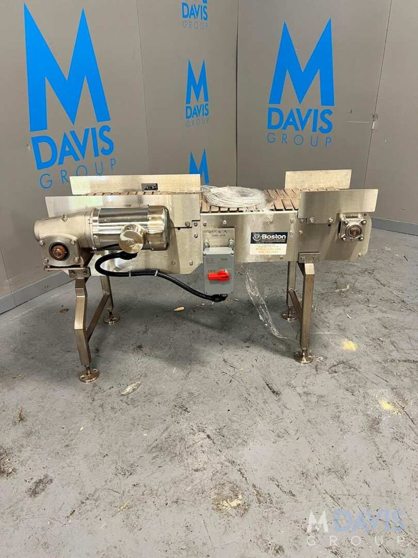 BOSTON CONVEYOR AND AUTOMATION CONVEYOR, APPROX. 50 IN. L X 13 IN. W, WITH WESTINGHOUSE TECO ALL S/S