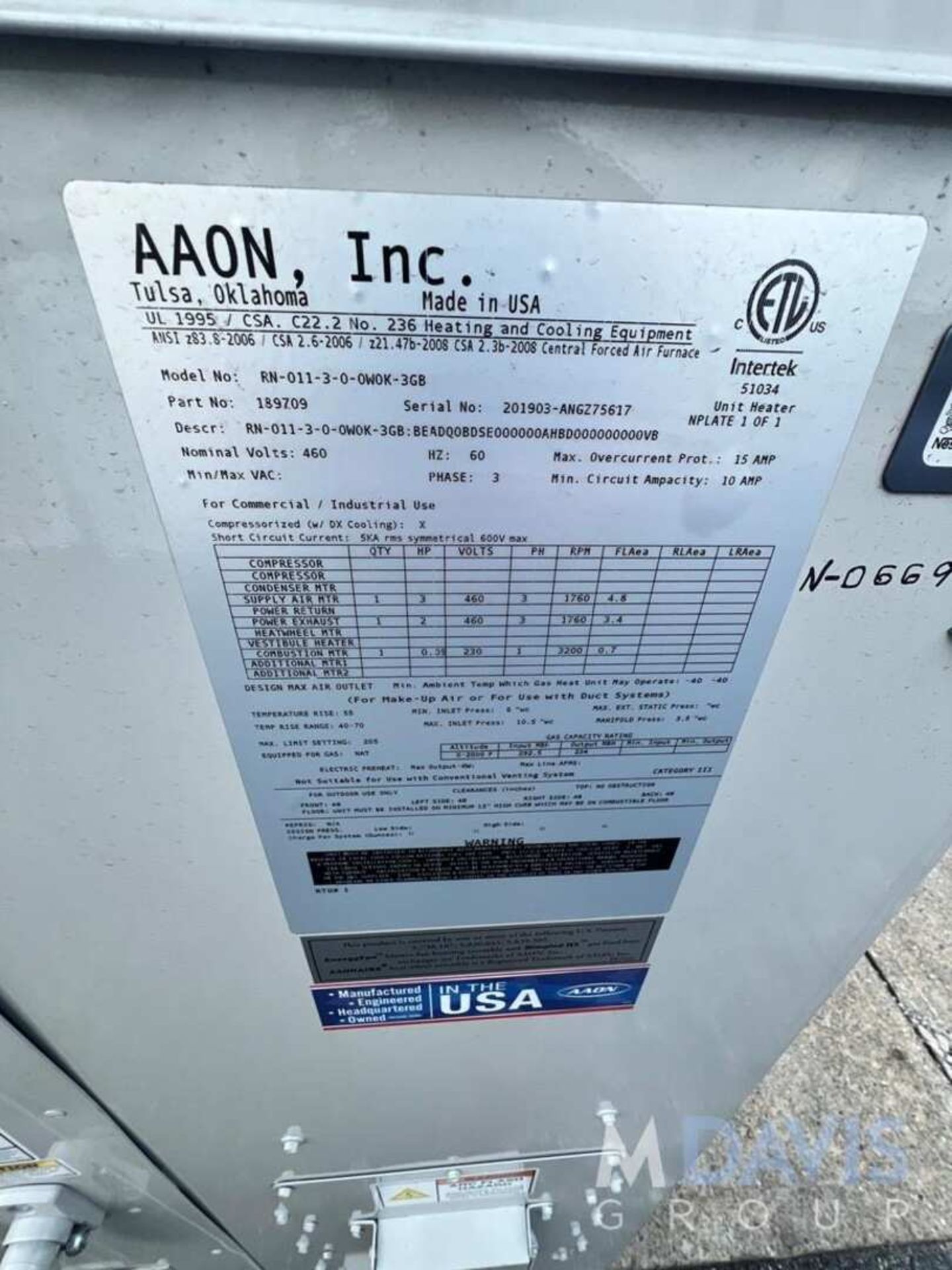 NEW AAON 11- TON HVAC AIR COOLING UNIT , MODEL RN-011-3-0-OWOK-3GB, S/N 201903-ANGZ75617, 3 PHASE - Image 4 of 11