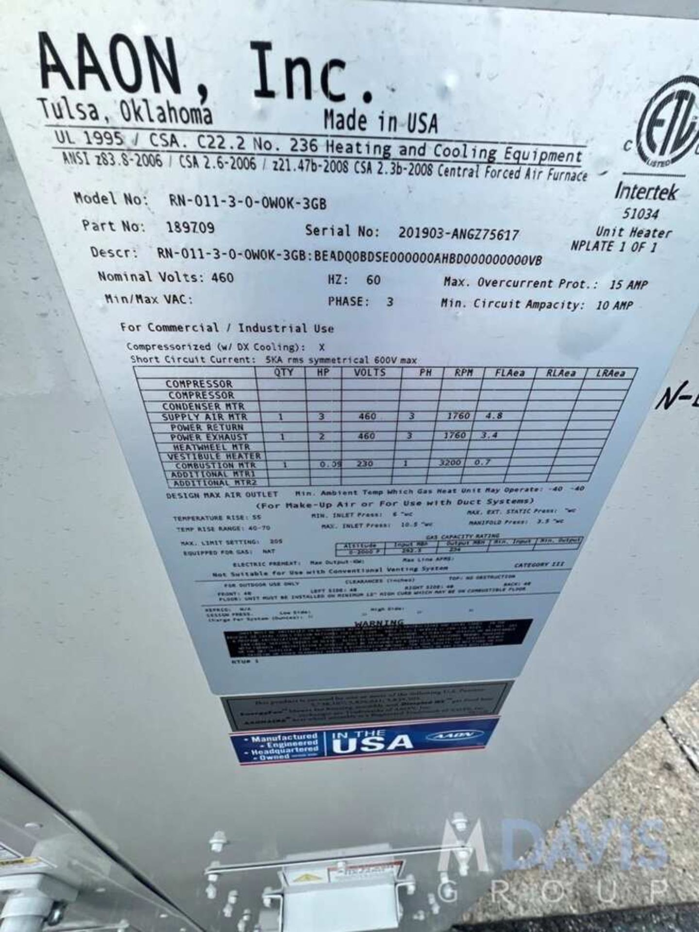 NEW AAON 11- TON HVAC AIR COOLING UNIT , MODEL RN-011-3-0-OWOK-3GB, S/N 201903-ANGZ75617, 3 PHASE - Image 5 of 11
