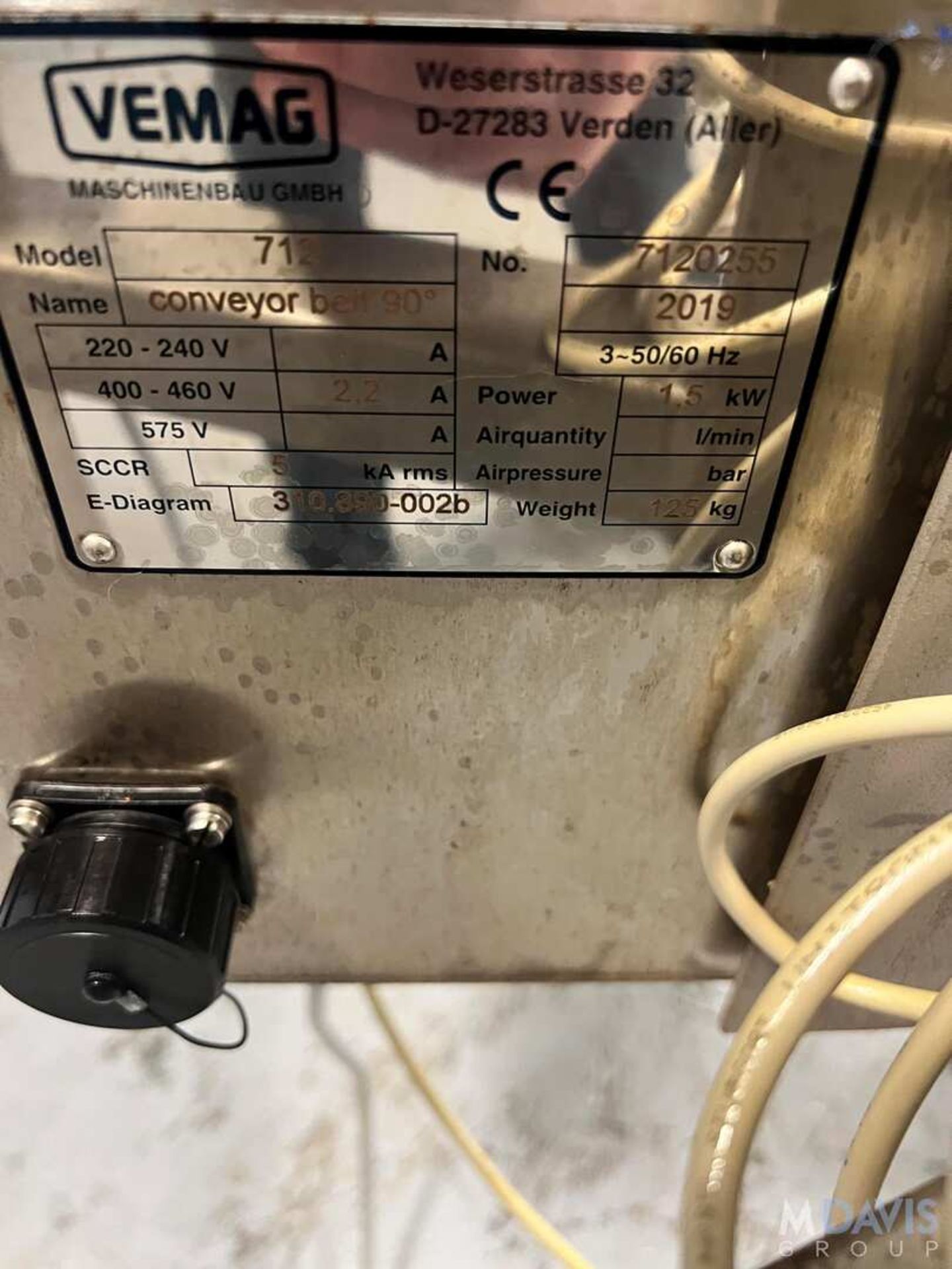 2019 REISER VEMAG 90 DEGREE CONVEYOR BELT, MODEL 712, S/N 7120255, APPROX. 23 IN. L X 12 IN. W BELT, - Image 8 of 9