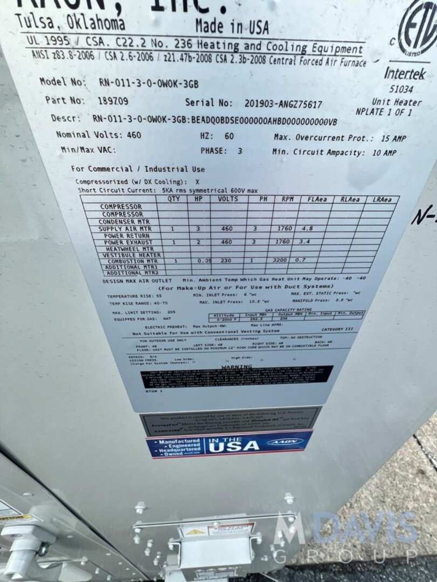NEW AAON 11- TON HVAC AIR COOLING UNIT , MODEL RN-011-3-0-OWOK-3GB, S/N 201903-ANGZ75617, 3 PHASE - Image 8 of 11