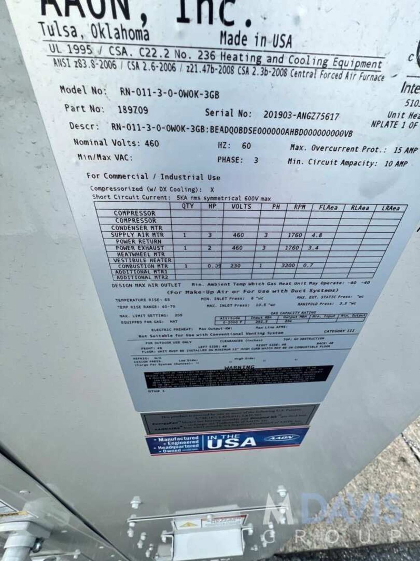 NEW AAON 11- TON HVAC AIR COOLING UNIT , MODEL RN-011-3-0-OWOK-3GB, S/N 201903-ANGZ75617, 3 PHASE - Image 9 of 11