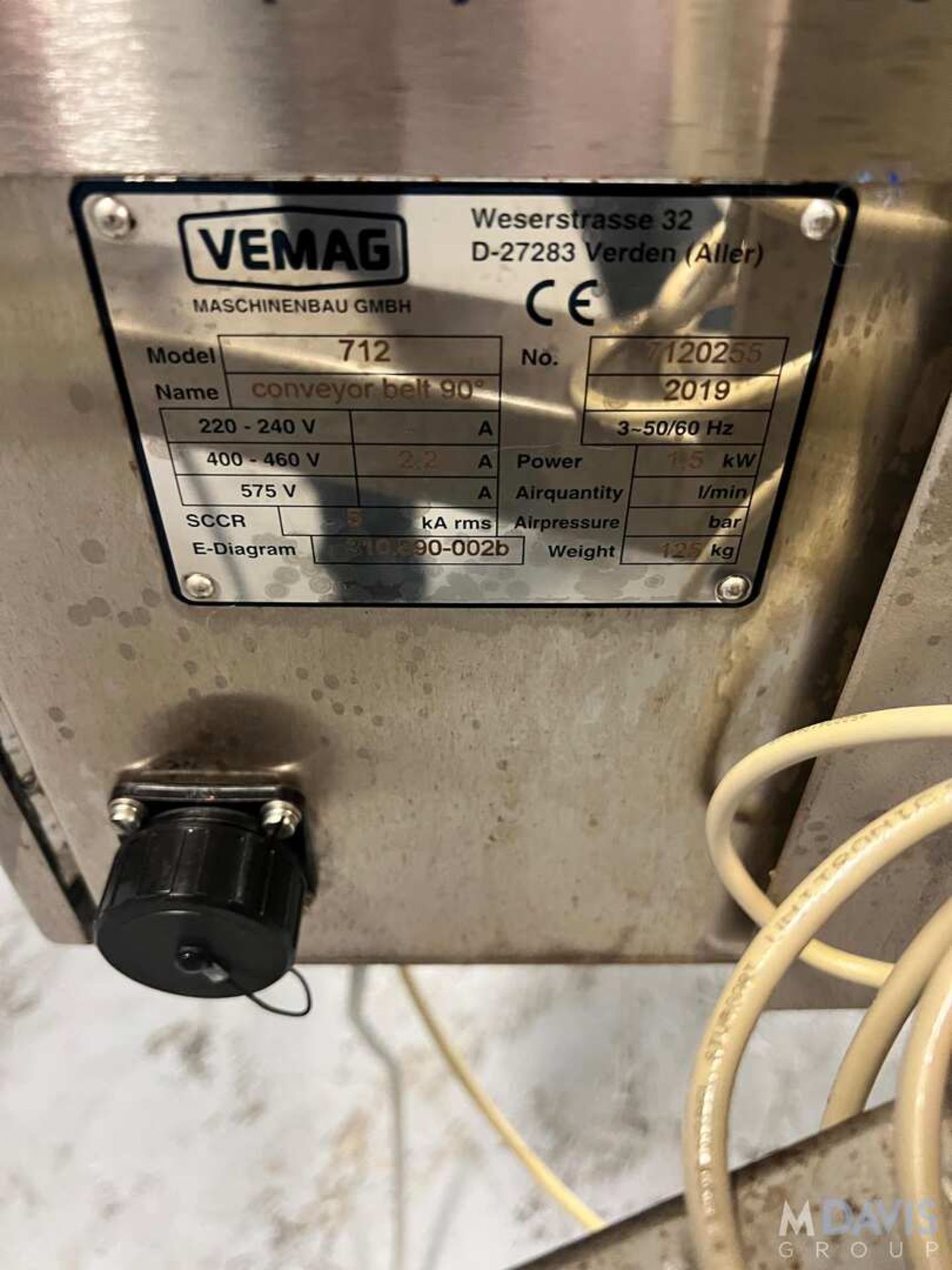 2019 REISER VEMAG 90 DEGREE CONVEYOR BELT, MODEL 712, S/N 7120255, APPROX. 23 IN. L X 12 IN. W BELT, - Image 2 of 9