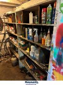 loose contents of two section of 5 teir storage shelf, paints, thinner and supplies