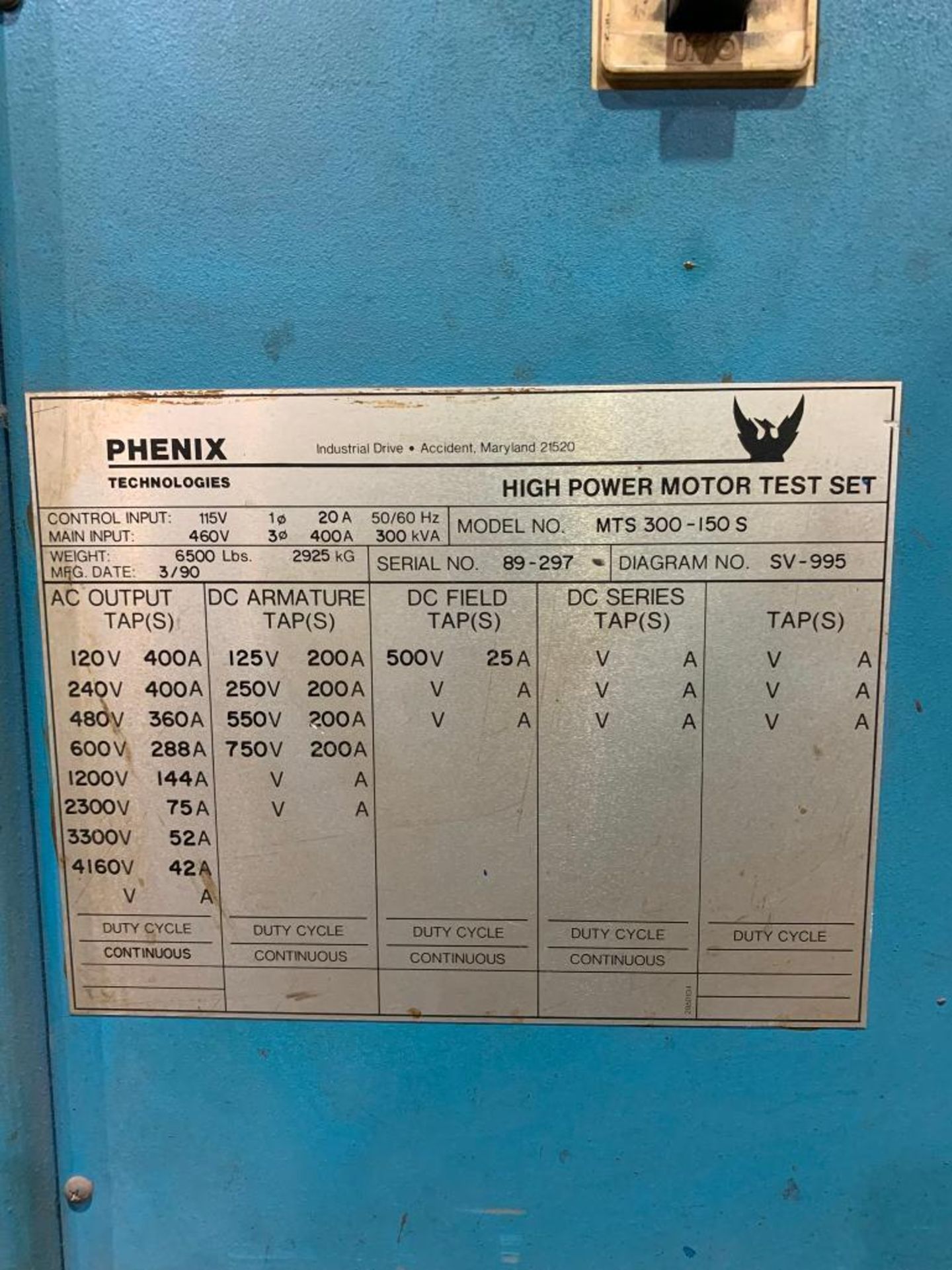 1990 Phenix High Power Motor Test Set, Model MTS 300-I50 S, S/N 89-297, Main Input 460 V, 3-Phase, 3 - Image 6 of 8