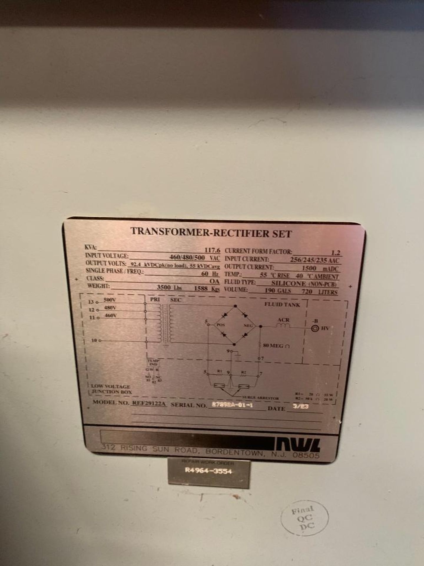 NWL 117.6 KVA Transformer-Rectifier Set, Single Phase, 460/480/500 VAC