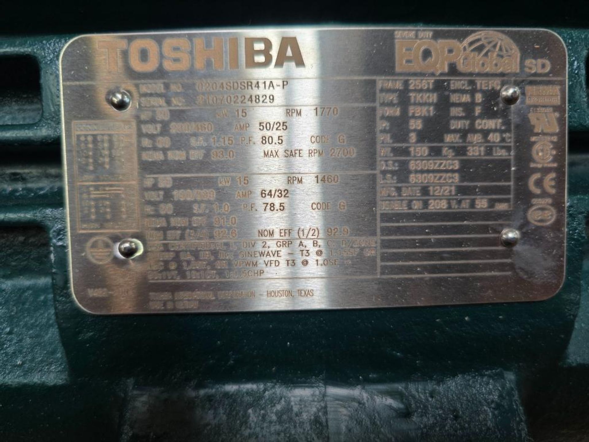 (4x) Toshiba 20-HP Polyphase AC Induction Motors, 15Kw, 230/460V, 50 ...