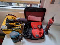 Lot of tools , contains: 3 DEWALT and MAKITA electric orbital sanders; 1 MILWAUKEE grinding set wit