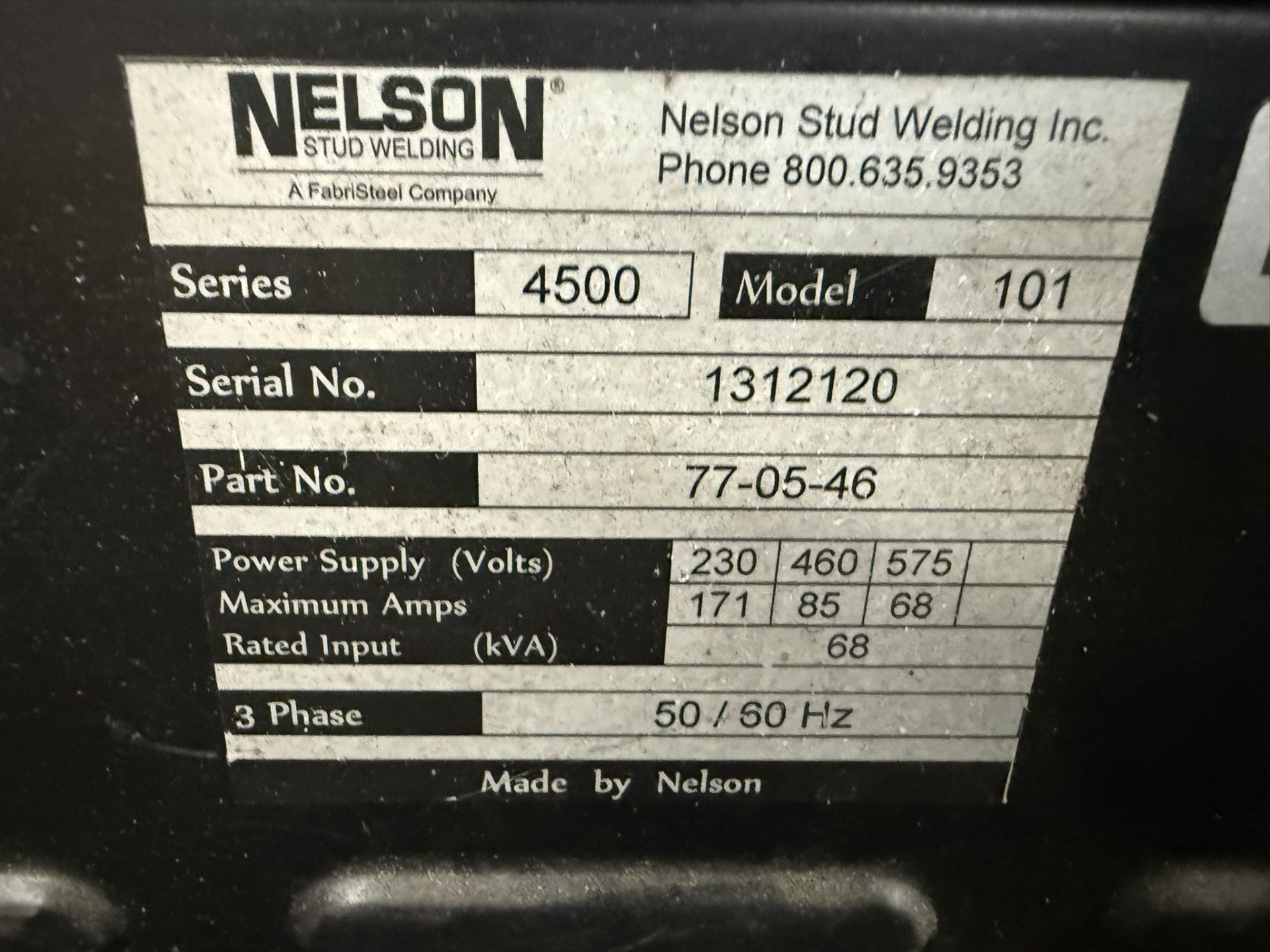 Nelson Model 101 Series 4500 Stud Welder, 230/460/575 V, S#1312120 | Required Rigging and Loading