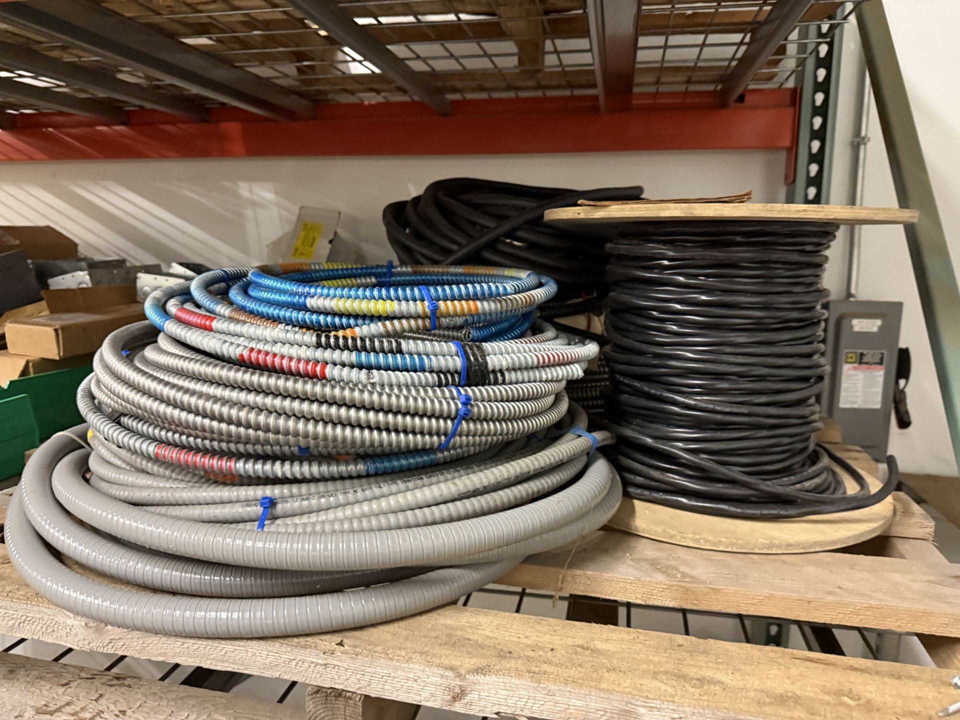 {Lot} on Pallet Racking C/O: Electrical Components, Wire, Lights, Hose ...