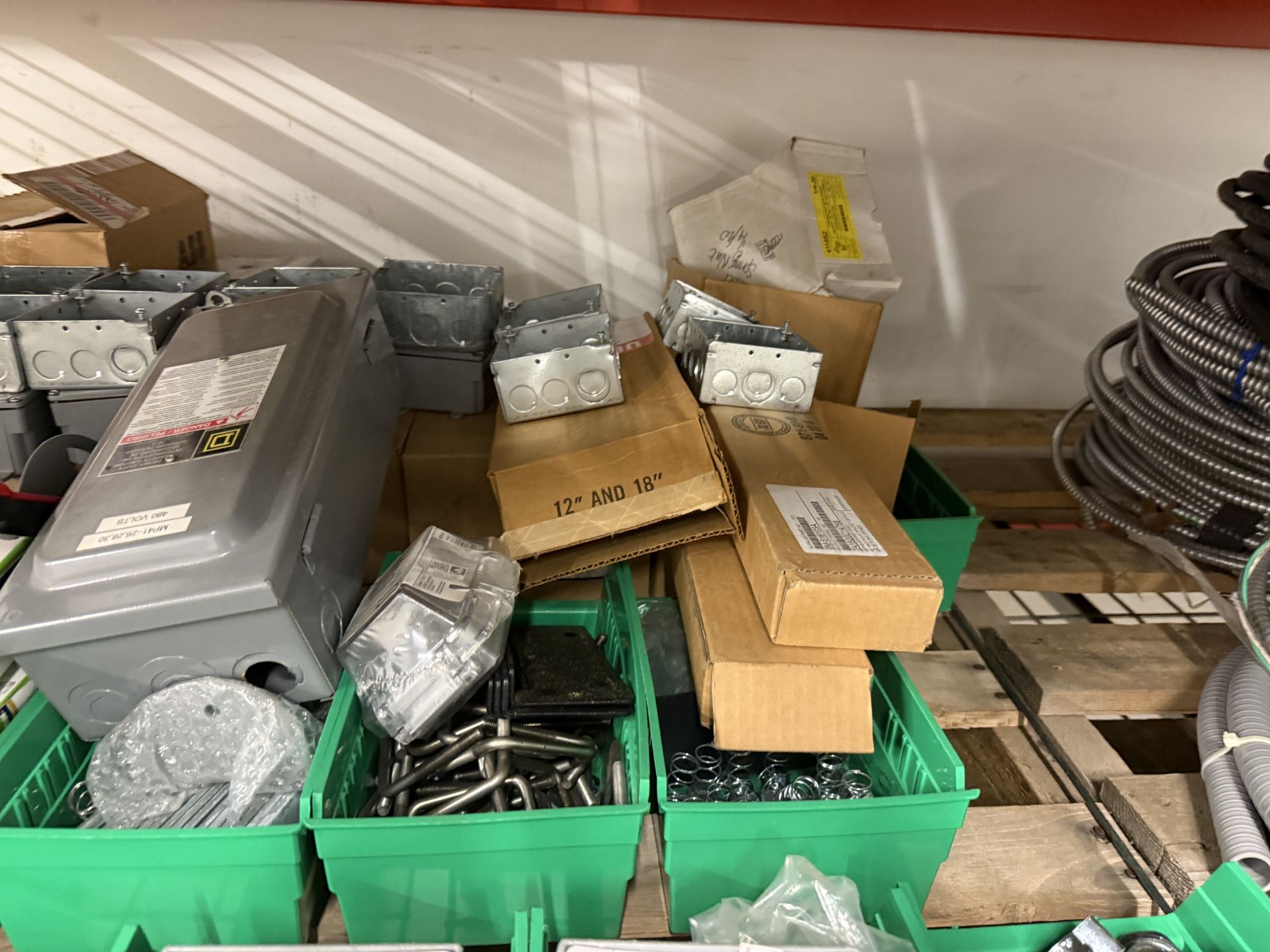{Lot} on Pallet Racking C/O: Electrical Components, Wire, Lights, Hose ...