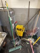 {LOT} of Brooms, Squeegees, Mop Buckets