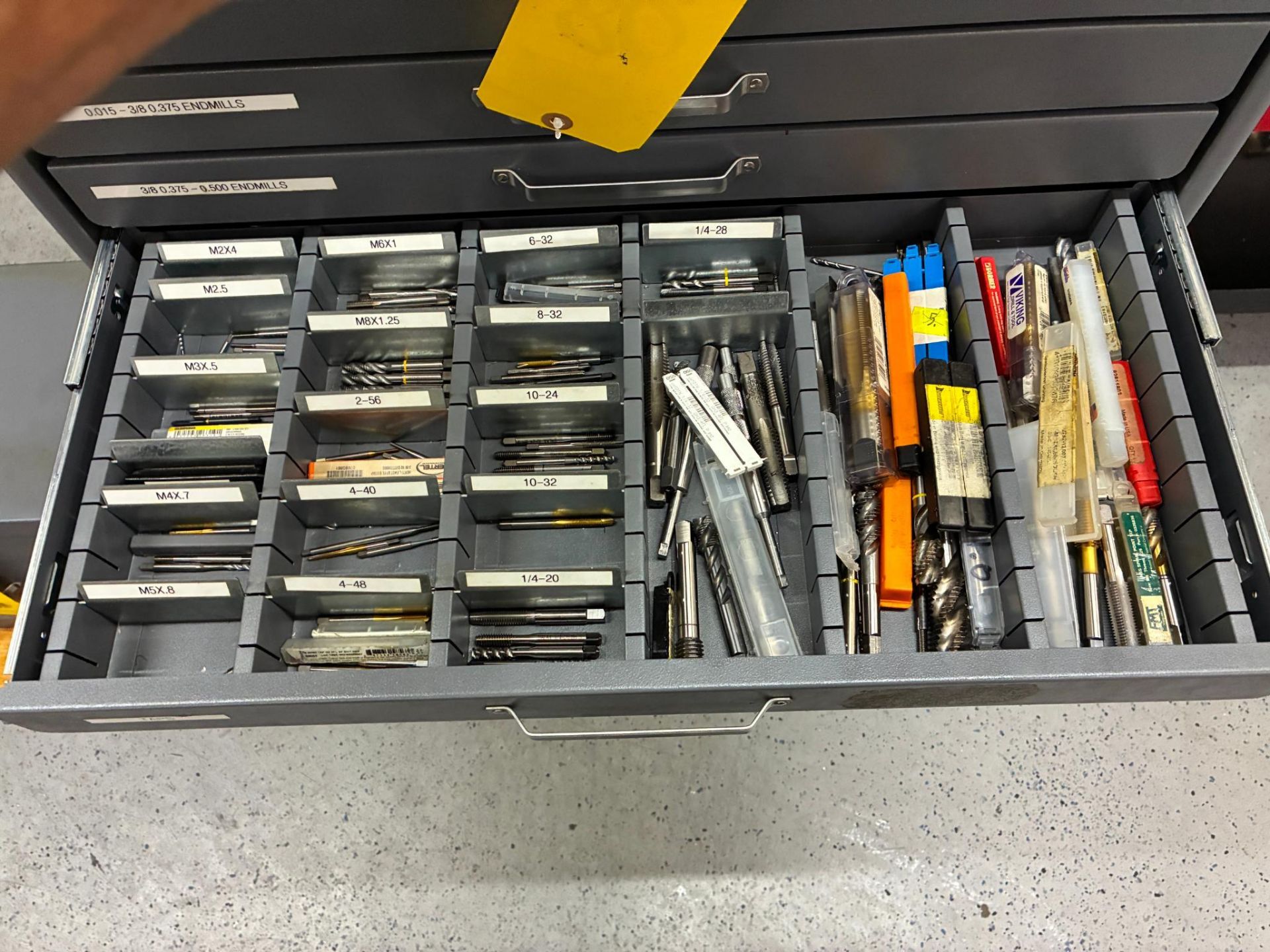 Mills Insert Storage DRILL BIT STORAGE CABINET, HUOT ON STAND, w/ tooling consisting of ...