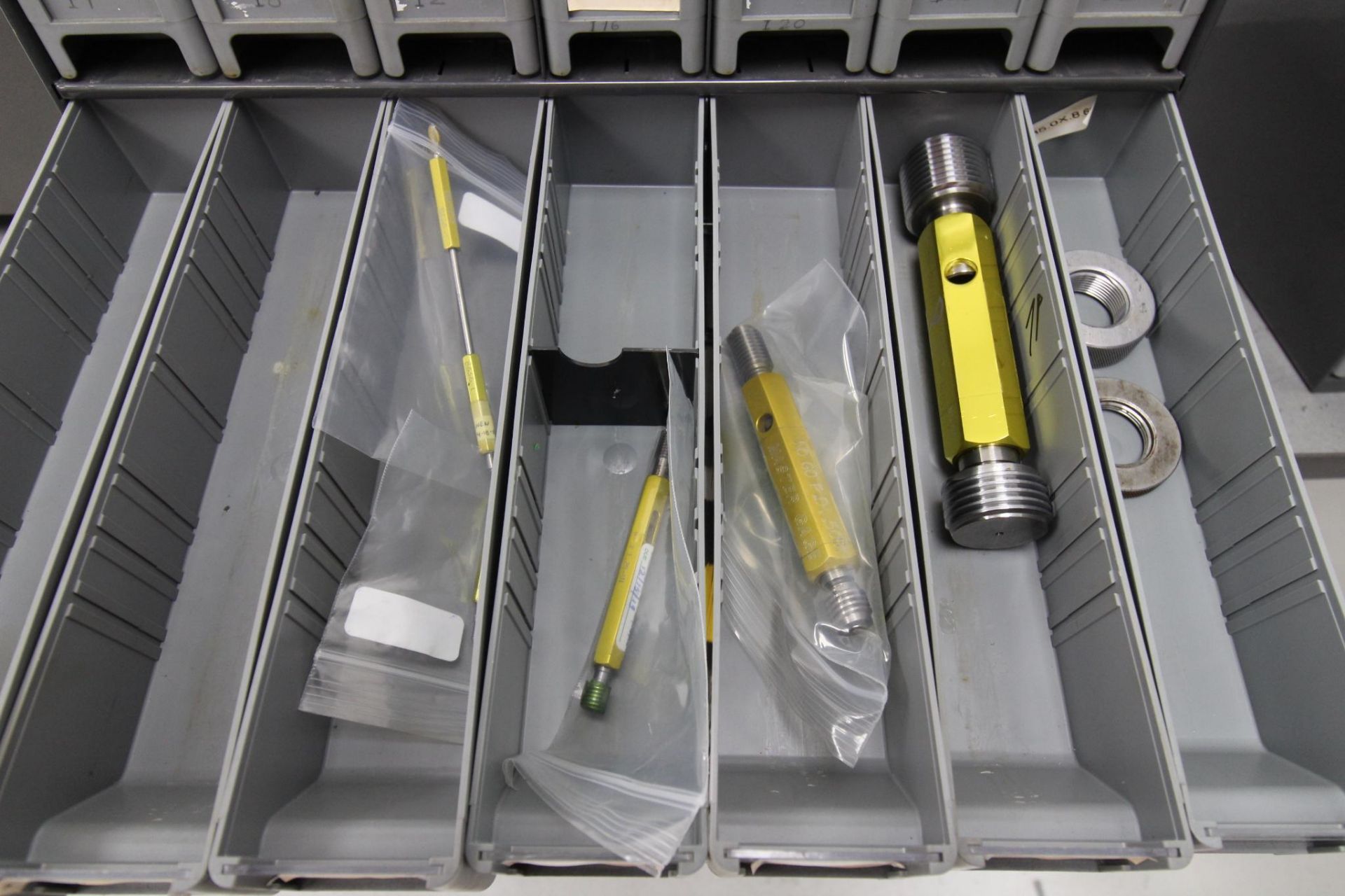 LOT OF APROX. (25) METRIC GO/NOGO PLUG THREAD GAGES, w/ (28) drawer ...