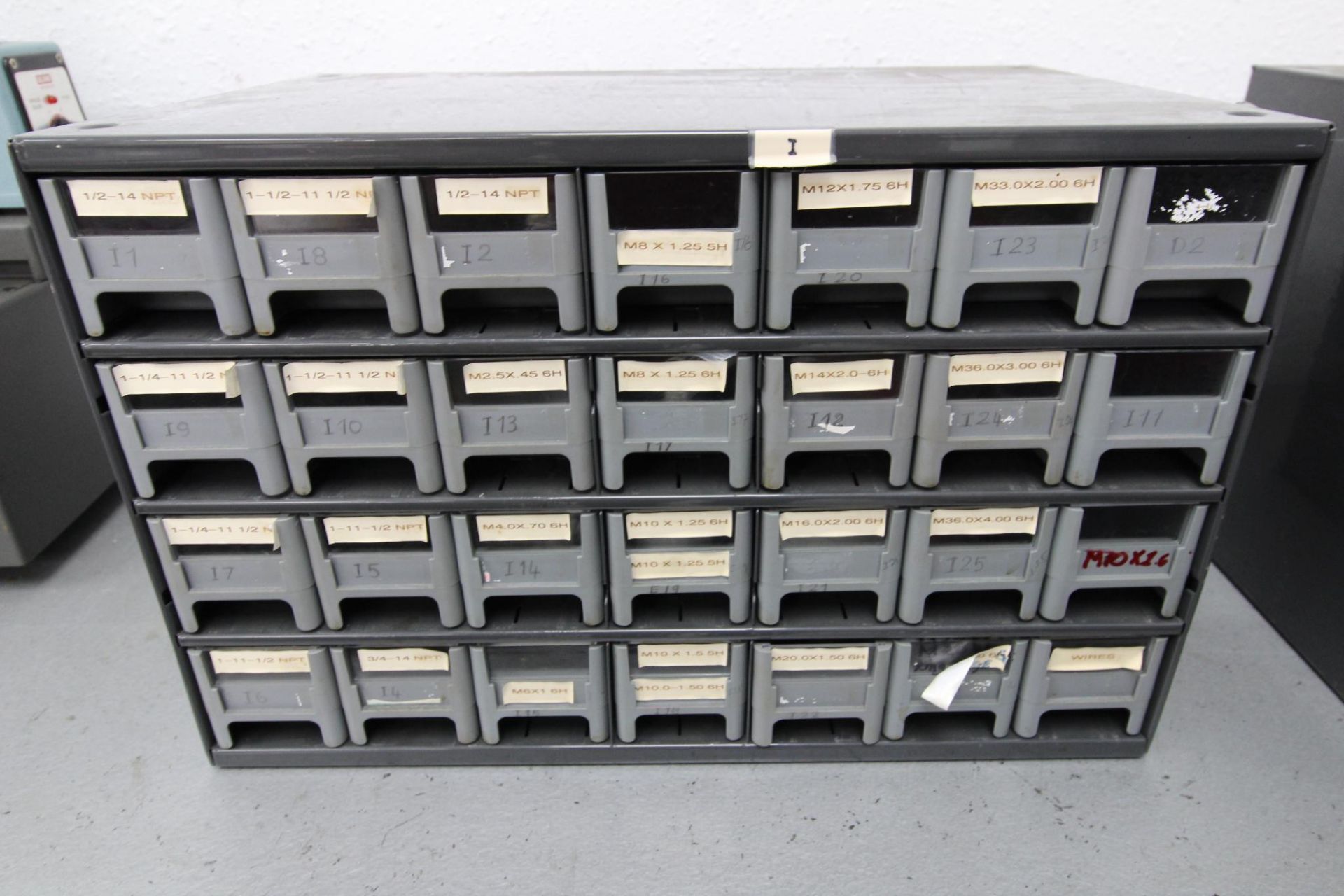 LOT OF APROX. (25) METRIC GO/NOGO PLUG THREAD GAGES, w/ (28) drawer ...