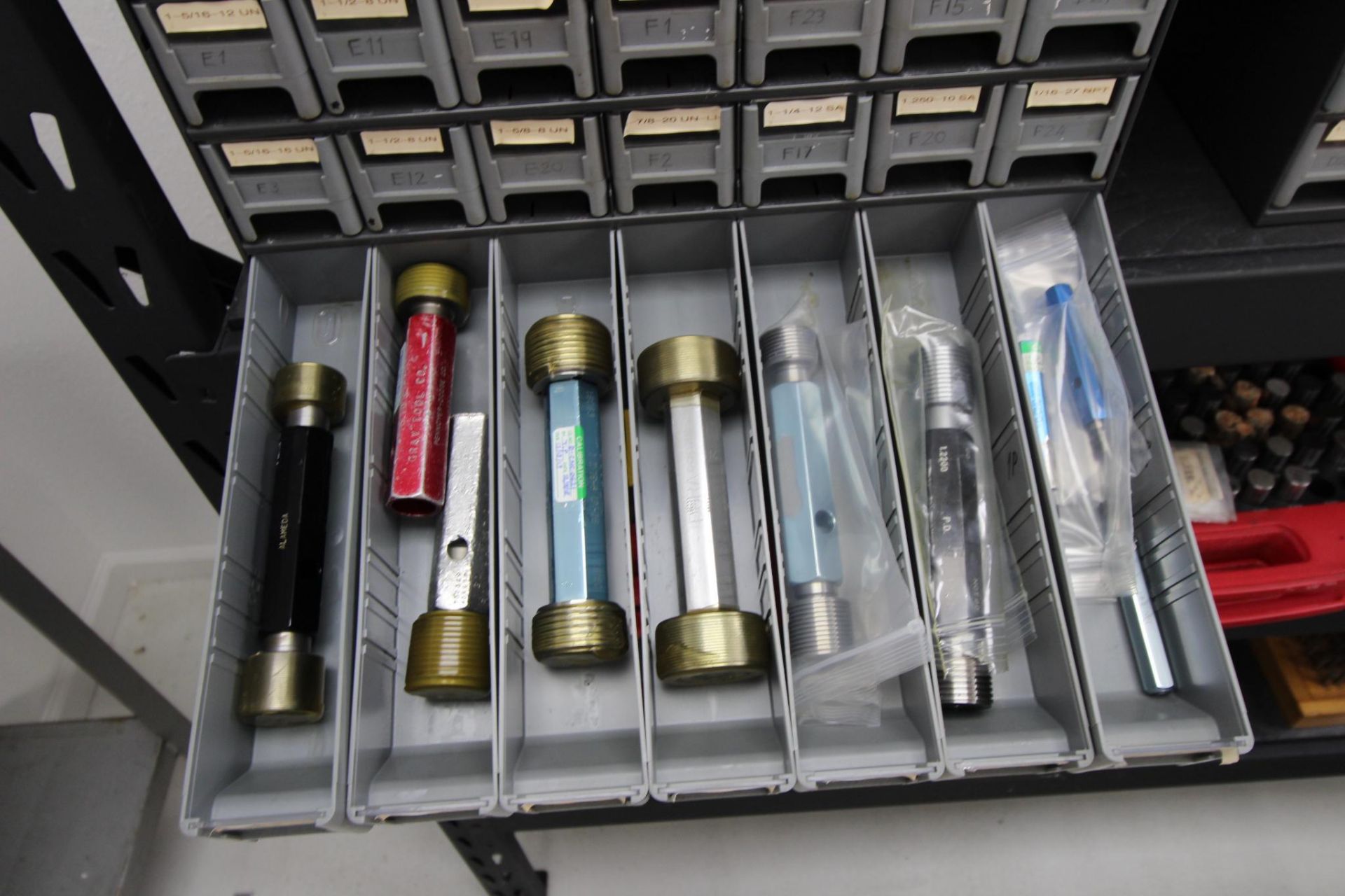 LOT OF APROX. (30) INCH GO/NOGO PLUG THREAD GAGES, w/ (28)drawer ...