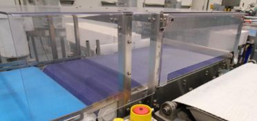 INTERLOCKING PLASTIC FLAT BELT CONVEYOR, mfg. 2021,  28" w 60" LONG, power plastic flat belt, stainl