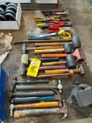 LOT OF HAND TOOLS: bolt cutter, prybar, crow bars, hammers, mallets, pipe crimper, etc., assorted