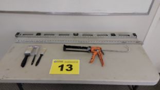 LOT OF ASSORTED TOOLS: CAULKING GUN, PAINT BRUSHES, LEVEL & RULER