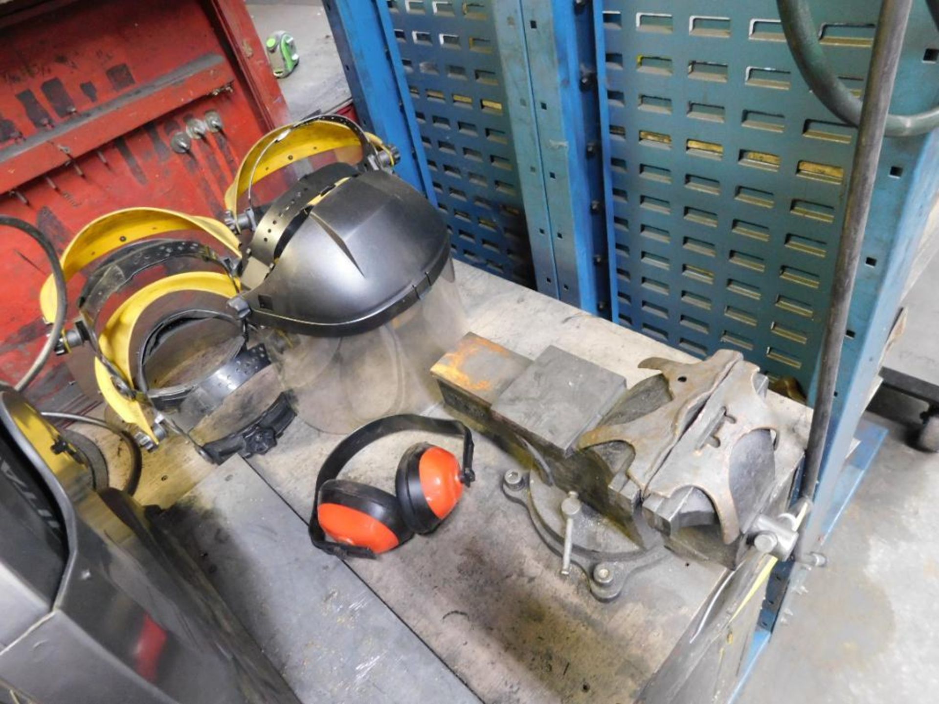 LOT: Wood Work Bench w/Contents, 6" Vise on Swivel Base, NEW & Used Fluids & Oils, Wheel Barrel, Met - Image 3 of 14