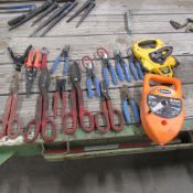 LOT: Cutters, Shears, Giant Chalk Line, 100' Tape Measure