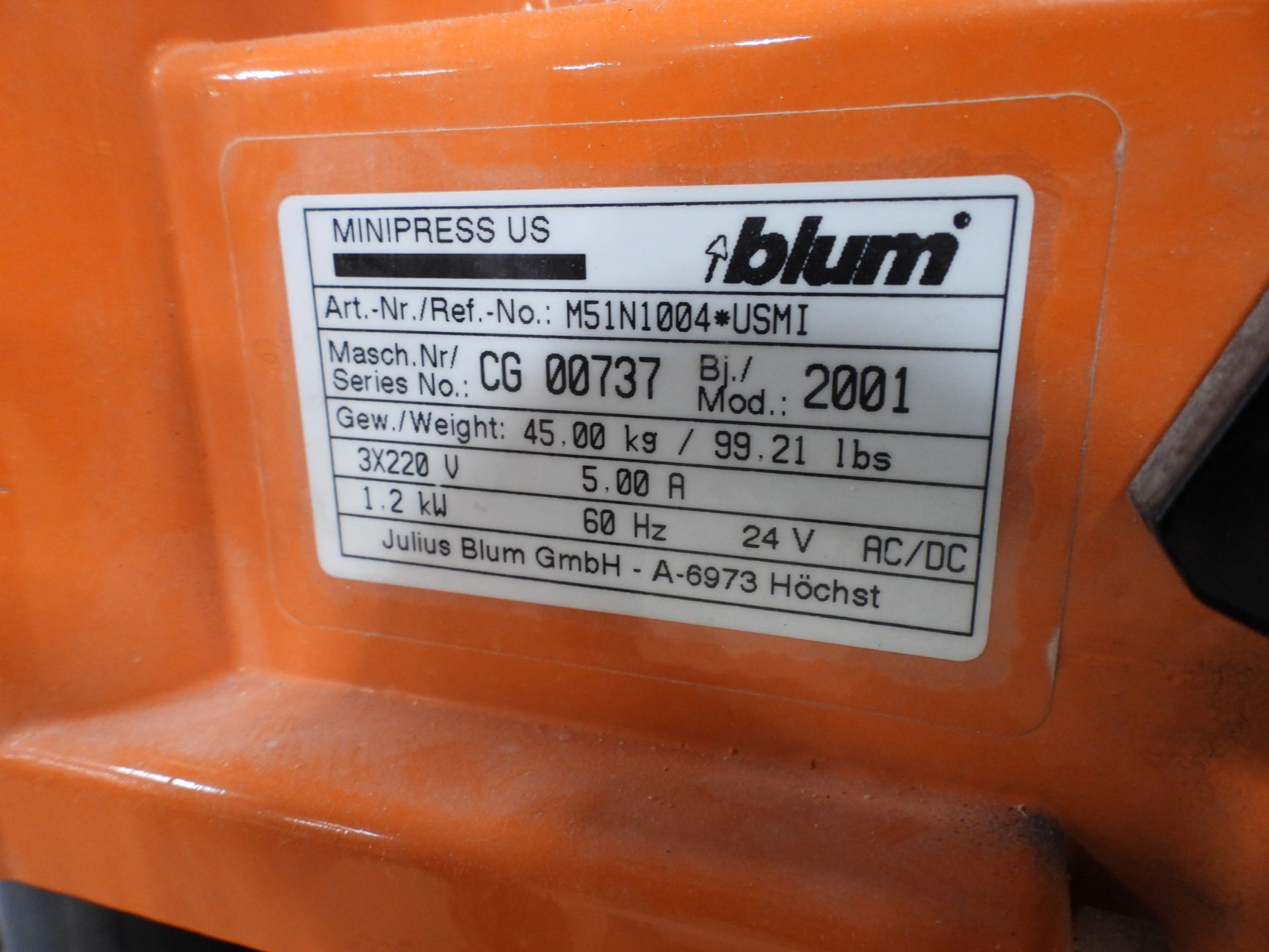 Blum Mini Press Router Hinge Machine, s/n CG 00737, new in 2001, w ...