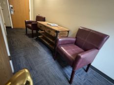 Lot - (2) Red Leather Chairs with Wood Coffee Table in Vestibule