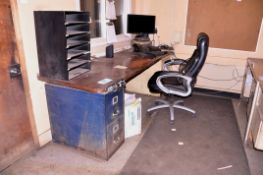 Lot - (2) Desks, (2) 2-Drawer Letter Size File Cabinets with Common Wood Top, Etc.