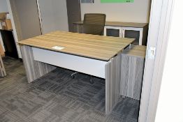 Lot - Desk, Credenza, Miniature Refrigerator and (3) Chairs in (1) Room