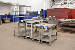 Lot - (4) 4-Wheel Steel Shop Carts and (1) 48" Wide x 18" Deep x 76" High Portable Wire Rack