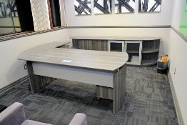 Lot - L-Shaped Desk, Curved Credenza, Magazine Stand and (2) Suede Chairs, Wall Hangings in (1) Room
