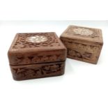 A lovely pair of vintage hand-carved wooden square trinket boxes, hand carved floral patterns.